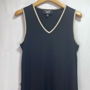 🥜 Emmanuel Liberté, black matte jersey V-neck column dress cream trim